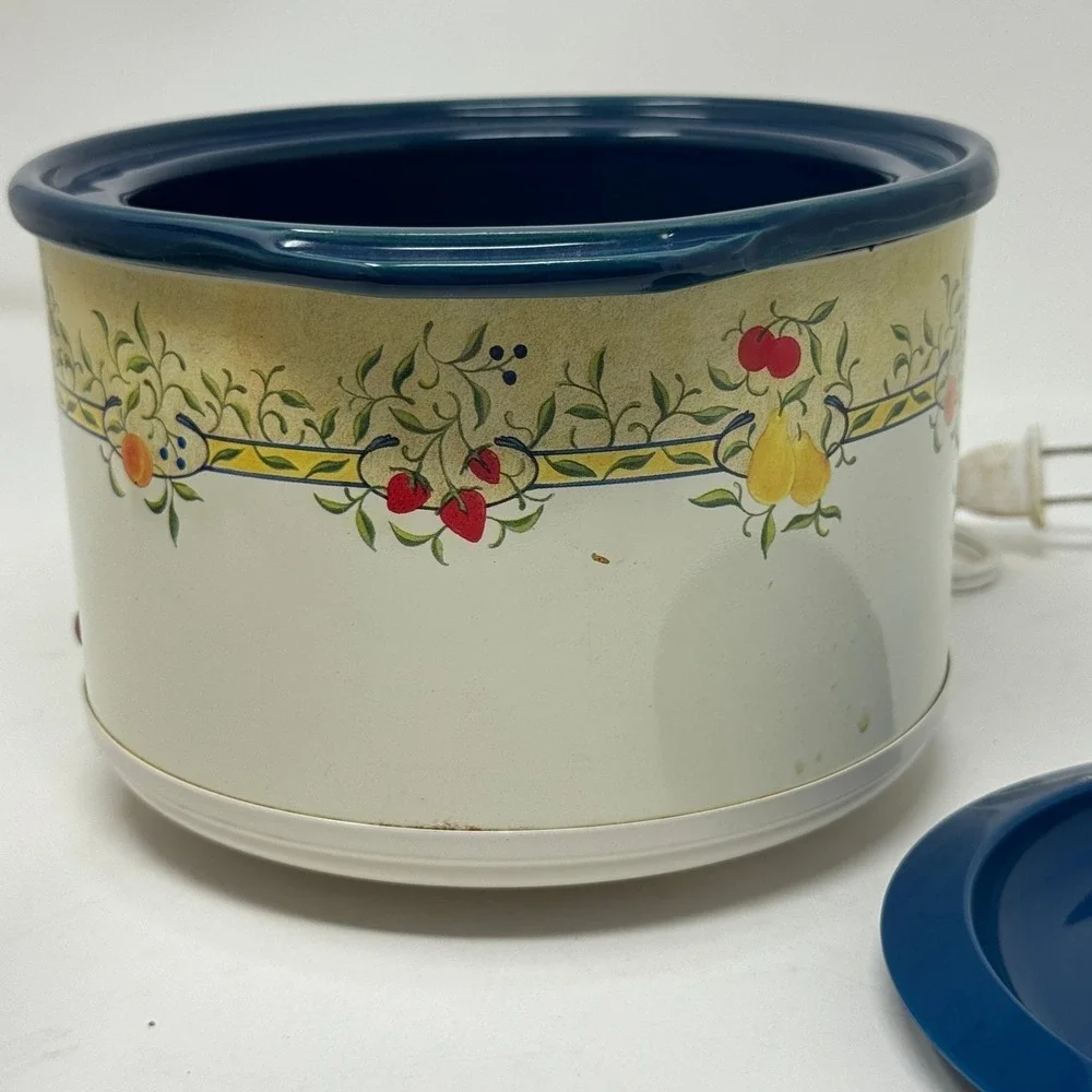 Rival Crock-Ette 1 Qt Stoneware Slow Cooker Fruit Pattern Blue Model Vtg Kitchen